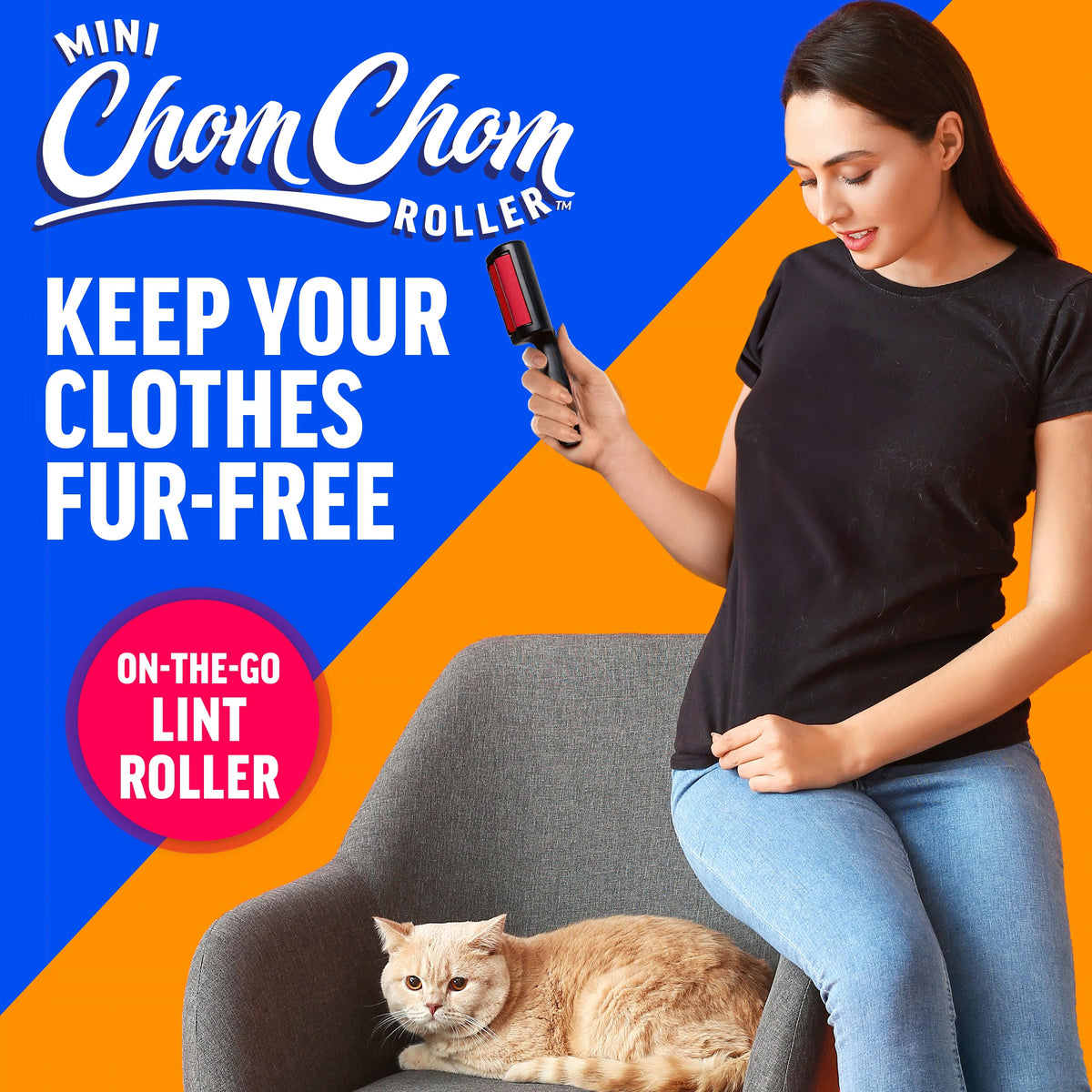 Using a ChomChom Roller to remove pet hair from a couch