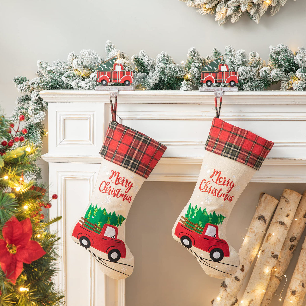 Glitzhome LED Christmas Stockings – 21" Embroidered Linen Stockings, 2-Pack