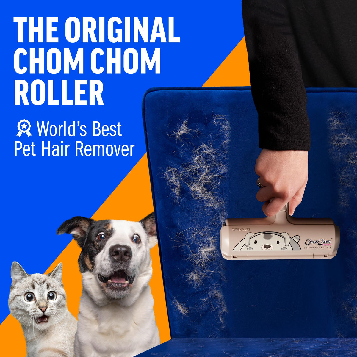 Using a ChomChom Roller to remove pet hair from a couch