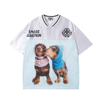 Animal Dog Print Sports Jersey Loose V-neck Short Sleeve T-shirt for Men in Summer, Trendy Spliced Mesh Breathable Quick-Dry Design