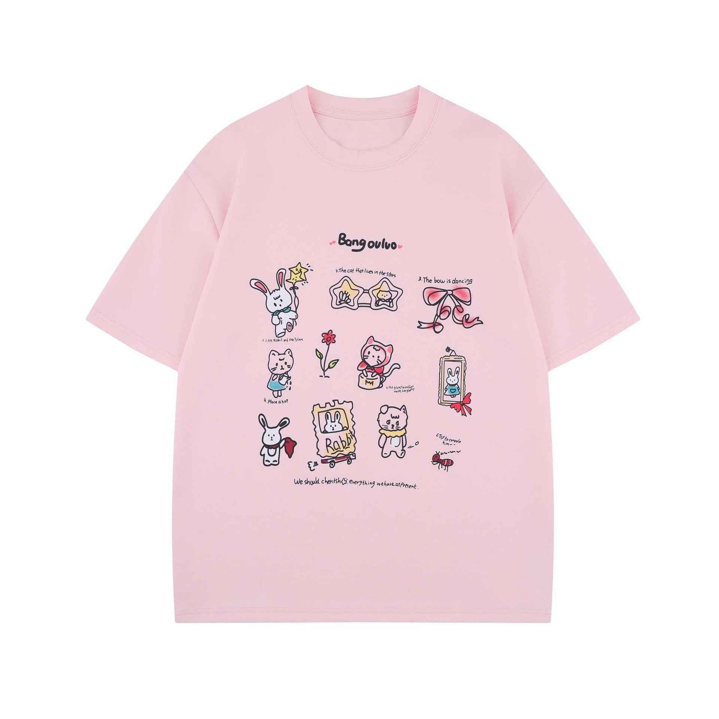 Street Style Fun Animal Letter Print Short Sleeve T-Shirt Unisex Loose Casual Three-Quarter Sleeve