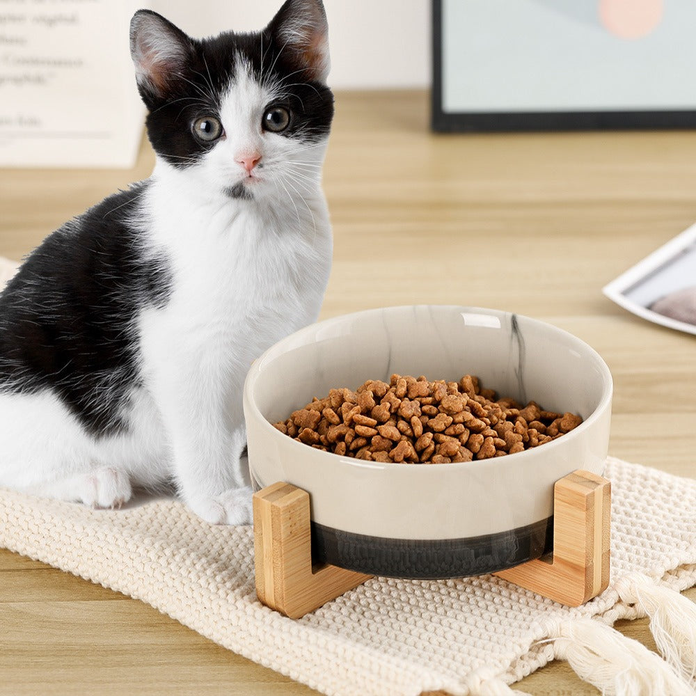 New Cute Pet Cat Bowl, Cat Basin, Ceramic Bowl, Drinking Water, Feeding, Non Slip Belt, Wooden Frame, Anti Overturning