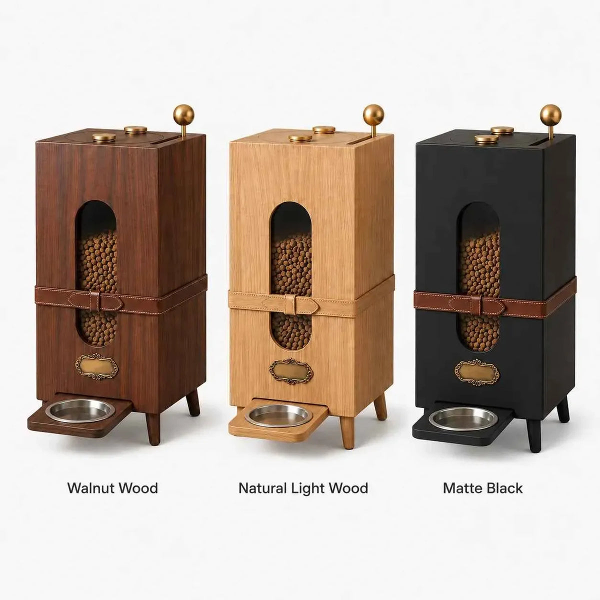 Modern Engineered Wood Pet Feeder Cabinet with Elevated Bowls & Built‑In Storage – Walnut Grain Finish