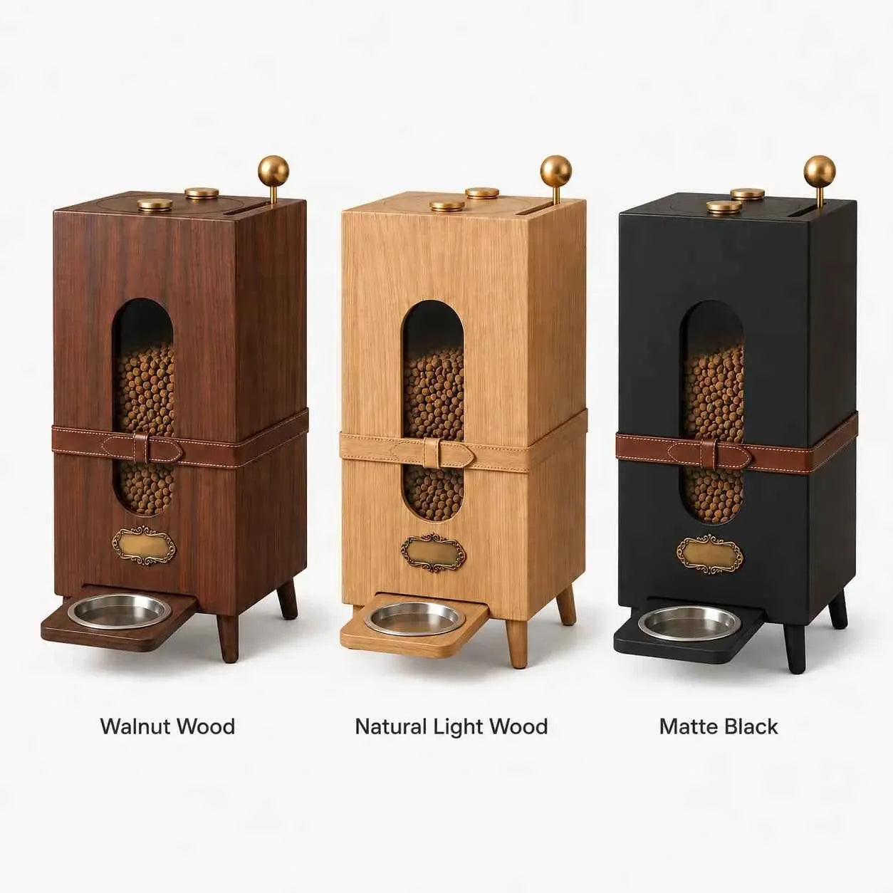 Modern Engineered Wood Pet Feeder Cabinet with Elevated Bowls & Built‑In Storage – Walnut Grain Finish