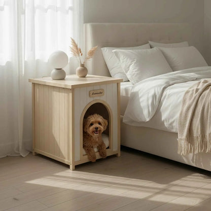 Modern Indoor Wooden Pet House & Side Table – Solid Cedar Furniture for Small Dogs & Cats