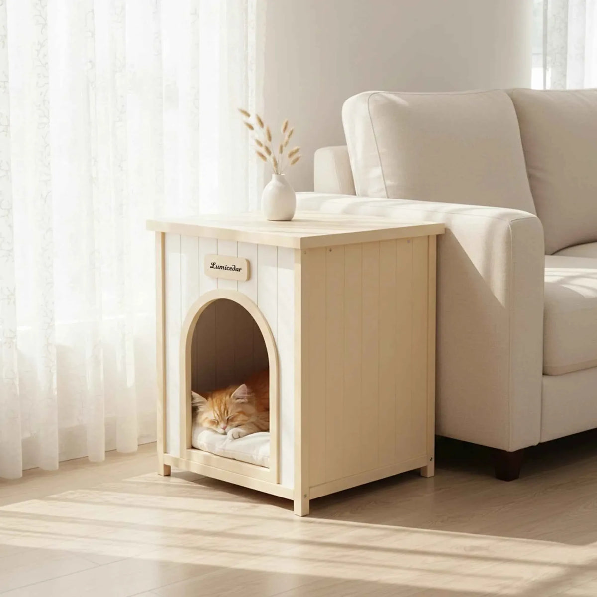 Modern Indoor Wooden Pet House & Side Table – Solid Cedar Furniture for Small Dogs & Cats