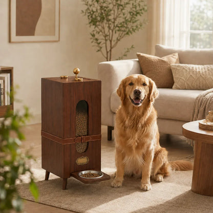 Modern Engineered Wood Pet Feeder Cabinet with Elevated Bowls & Built‑In Storage – Walnut Grain Finish