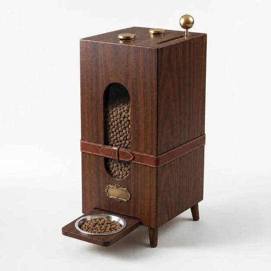 Modern Engineered Wood Pet Feeder Cabinet with Elevated Bowls & Built‑In Storage – Walnut Grain Finish