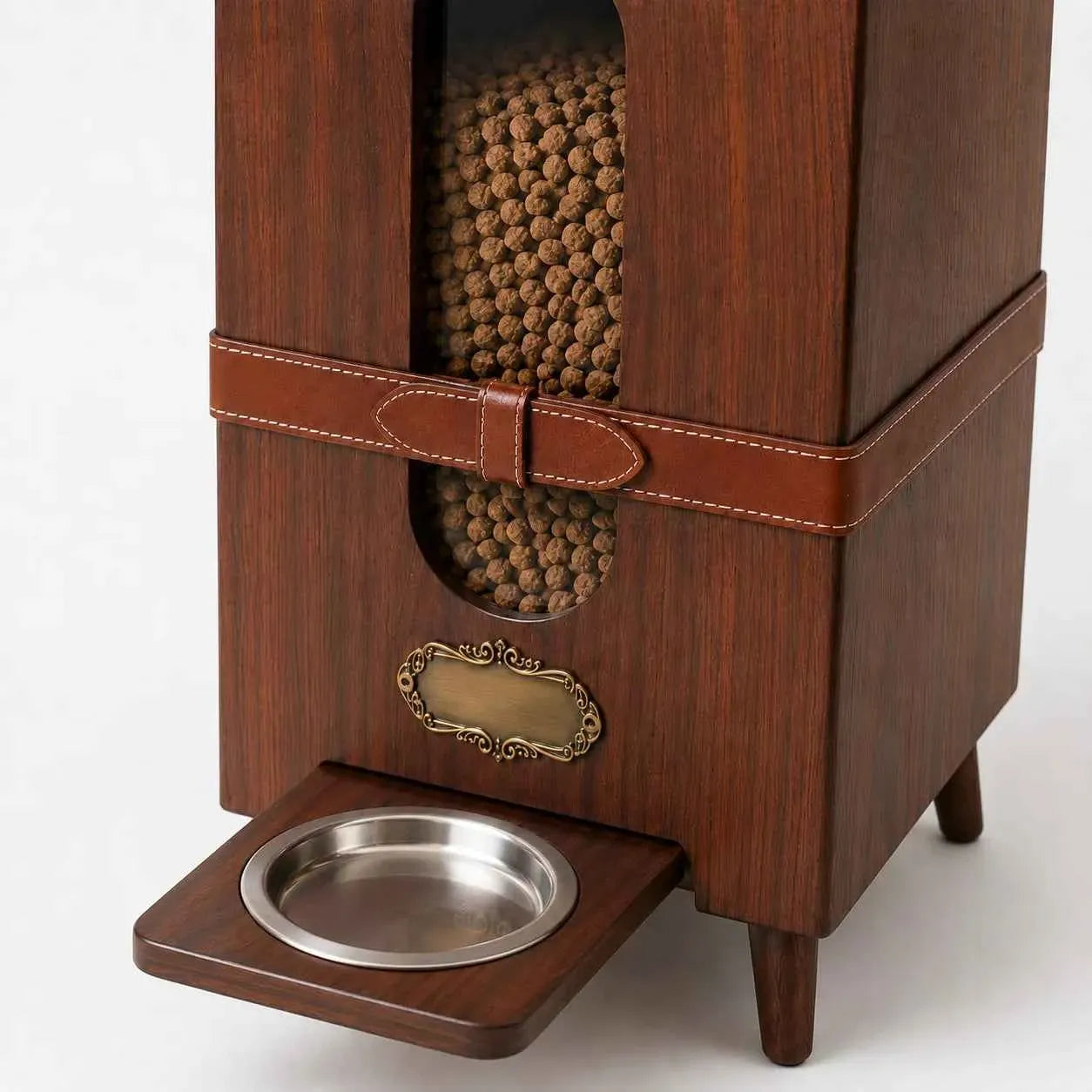 Modern Engineered Wood Pet Feeder Cabinet with Elevated Bowls & Built‑In Storage – Walnut Grain Finish