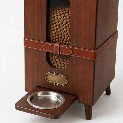 Modern Engineered Wood Pet Feeder Cabinet with Elevated Bowls & Built‑In Storage – Walnut Grain Finish
