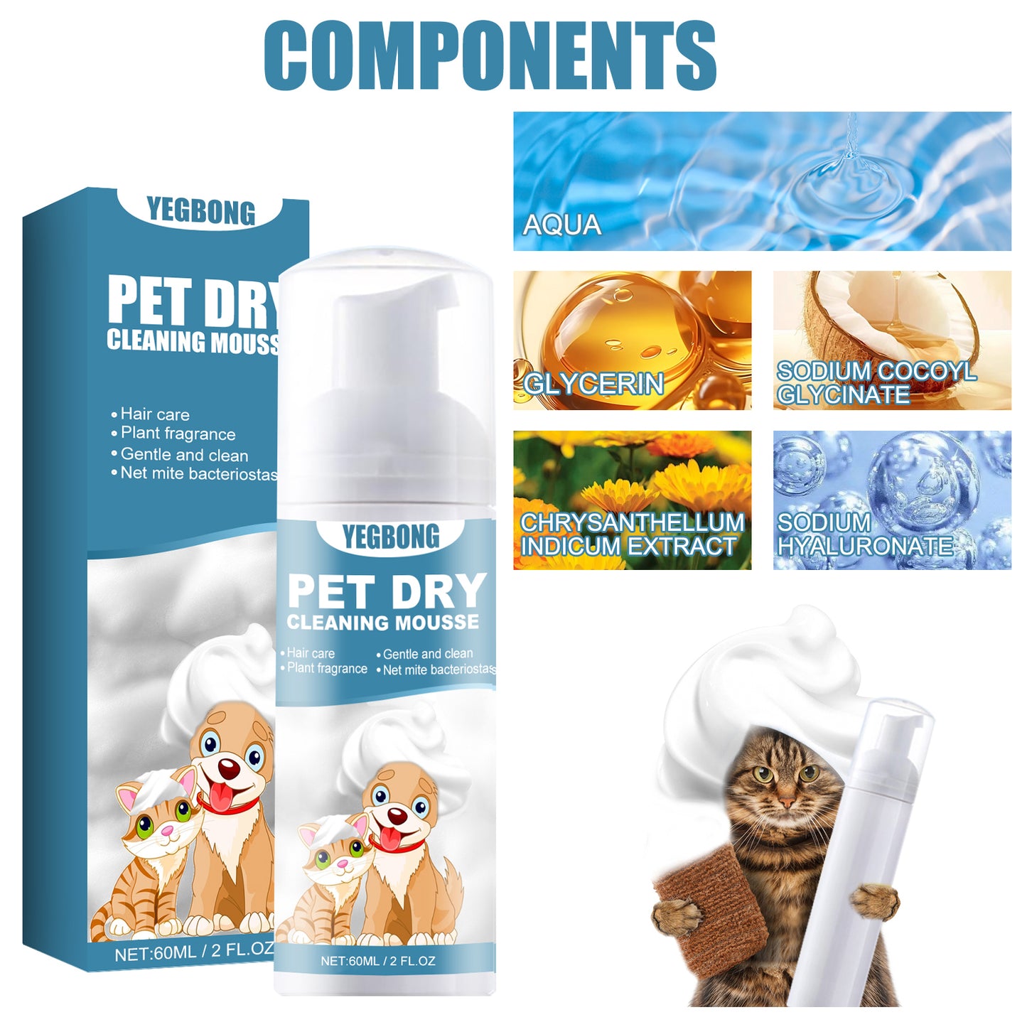 Yegbong Pet Dry Cleaning Mousse Body Wash For Young Cats And Dogs Wash Free To Remove Odor And Smooth Hair Cleaning