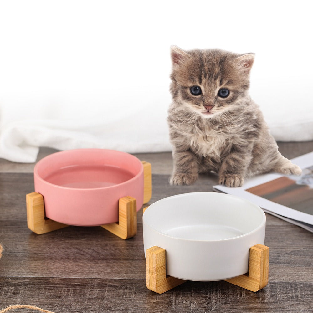 New Cute Pet Cat Bowl, Cat Basin, Ceramic Bowl, Drinking Water, Feeding, Non Slip Belt, Wooden Frame, Anti Overturning
