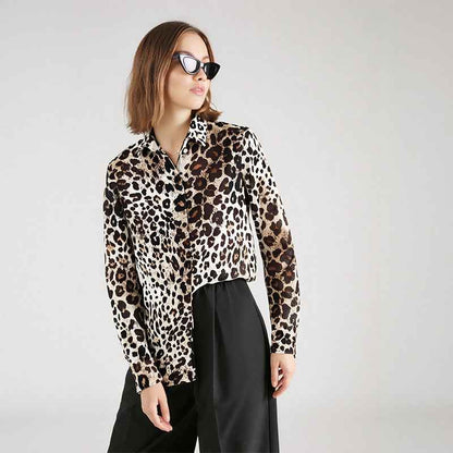Flip collar single breasted animal print versatile shirt for women