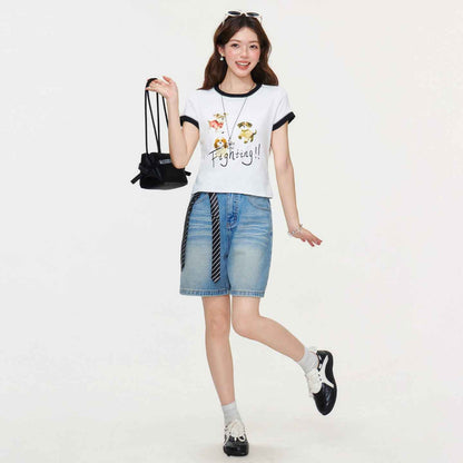 White Round Neck Regular Shoulder Animal Letter Print T-Shirt