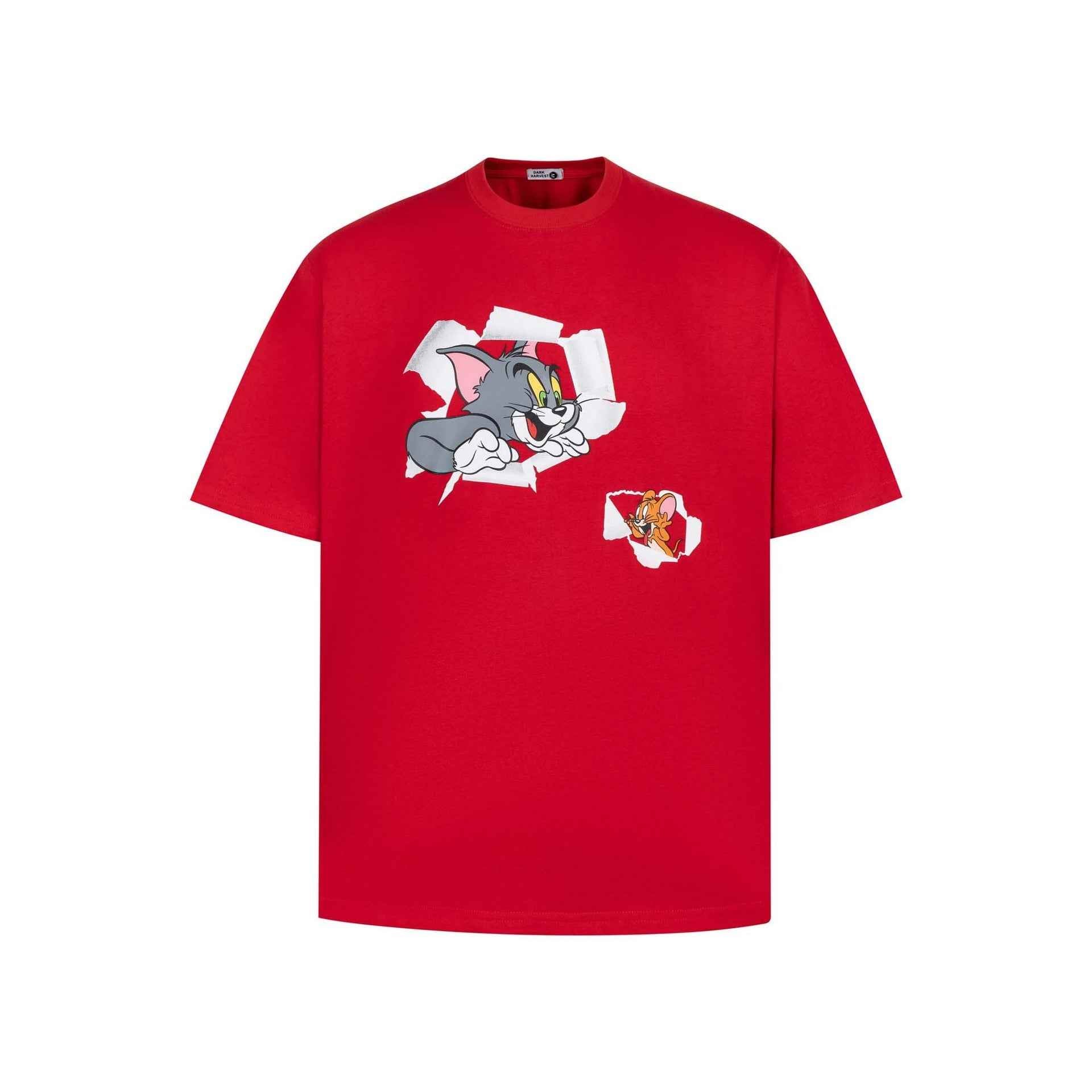 Street Style Beaded Animal Letter Print Short Sleeve T-Shirt Unisex Loose Casual Half Sleeve Tee