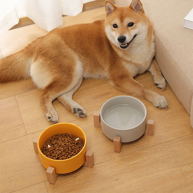 New Cute Pet Cat Bowl, Cat Basin, Ceramic Bowl, Drinking Water, Feeding, Non Slip Belt, Wooden Frame, Anti Overturning