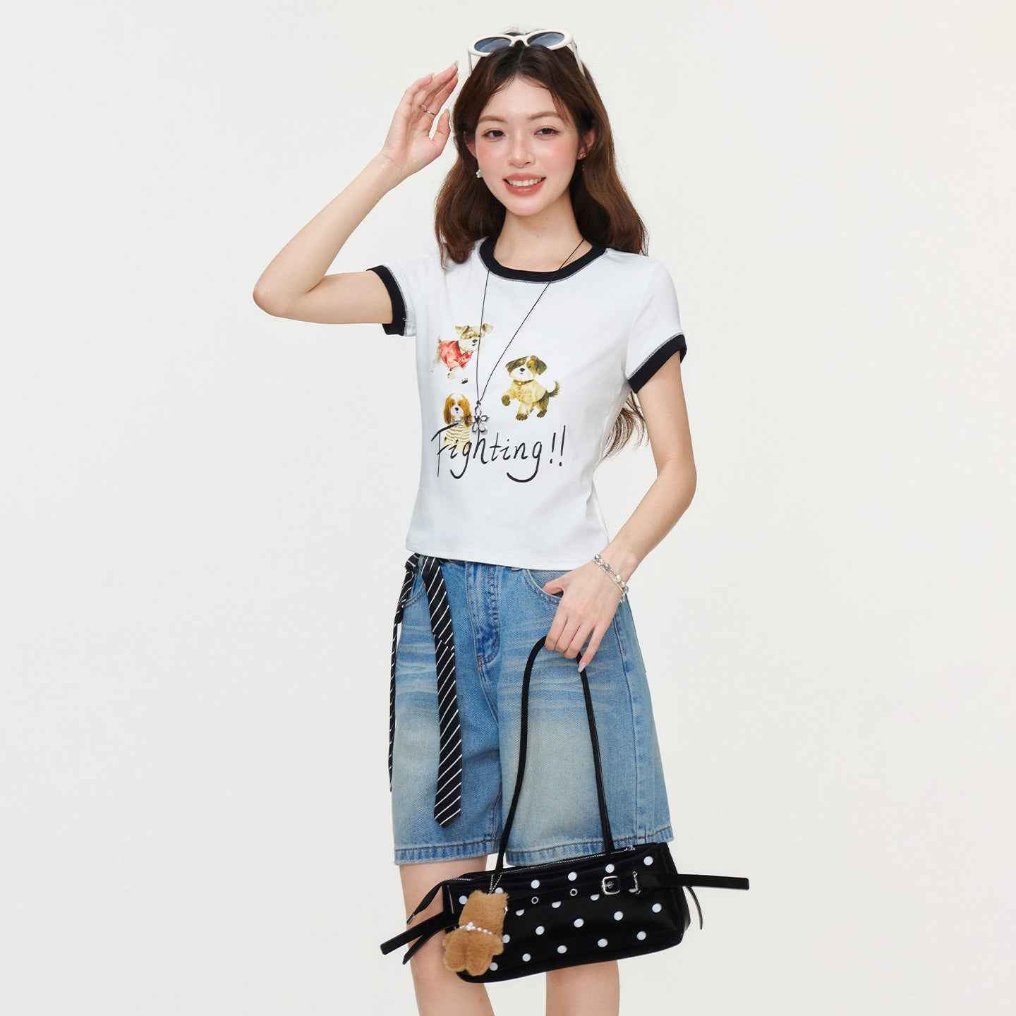White Round Neck Regular Shoulder Animal Letter Print T-Shirt