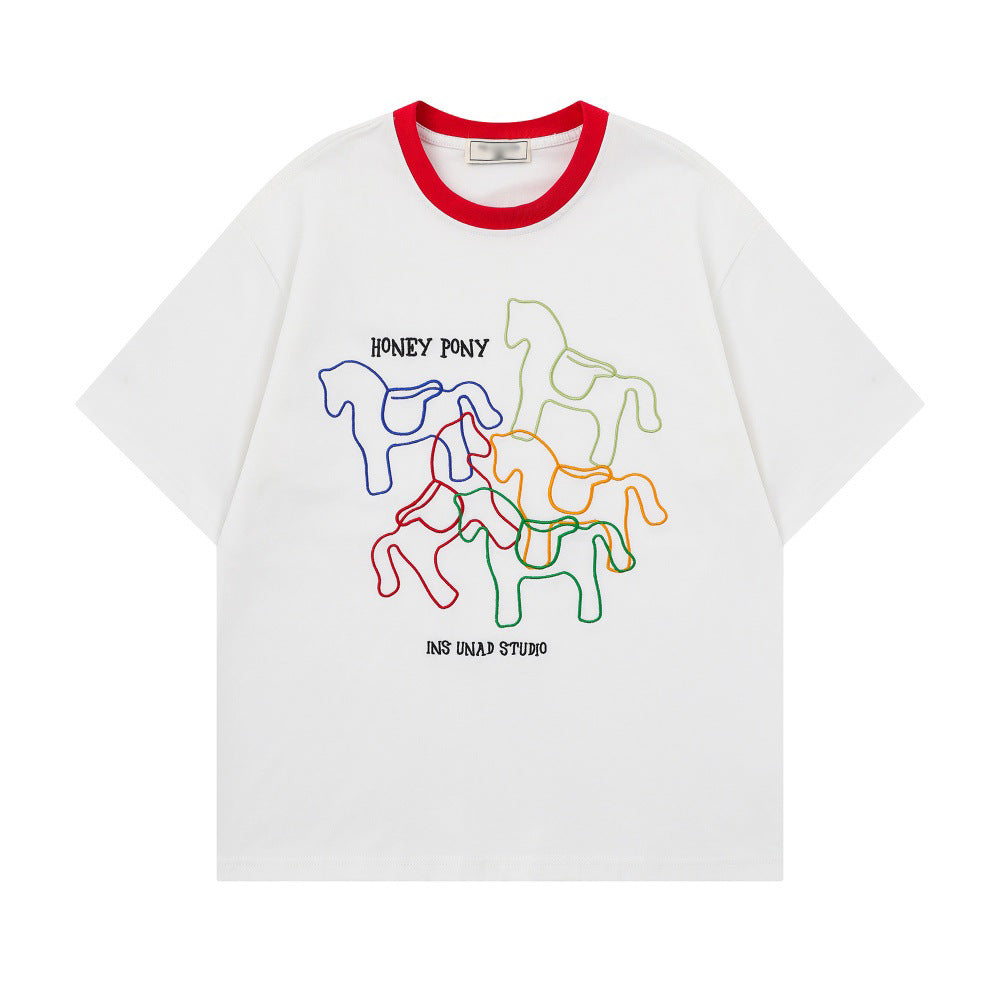 Animal horse 3D embroidery short sleeved t-shirt