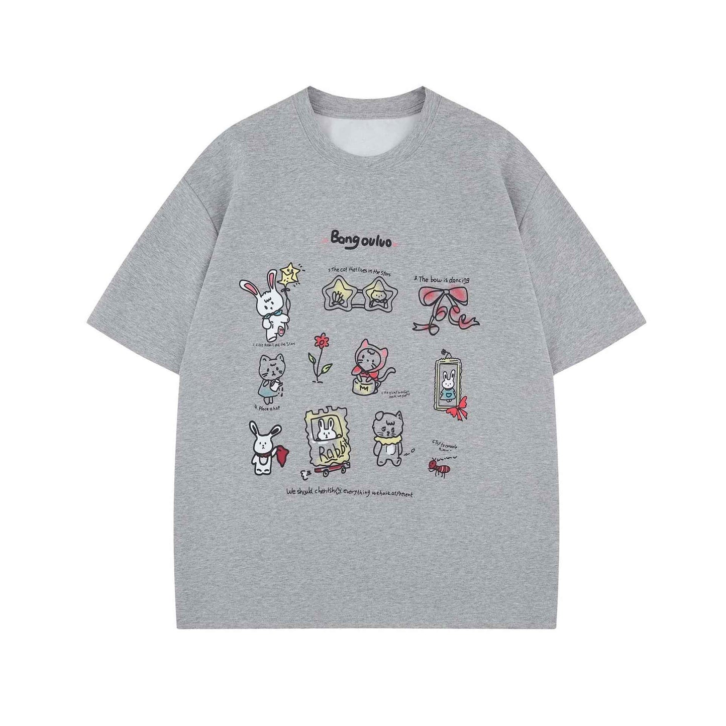 Street Style Fun Animal Letter Print Short Sleeve T-Shirt Unisex Loose Casual Three-Quarter Sleeve