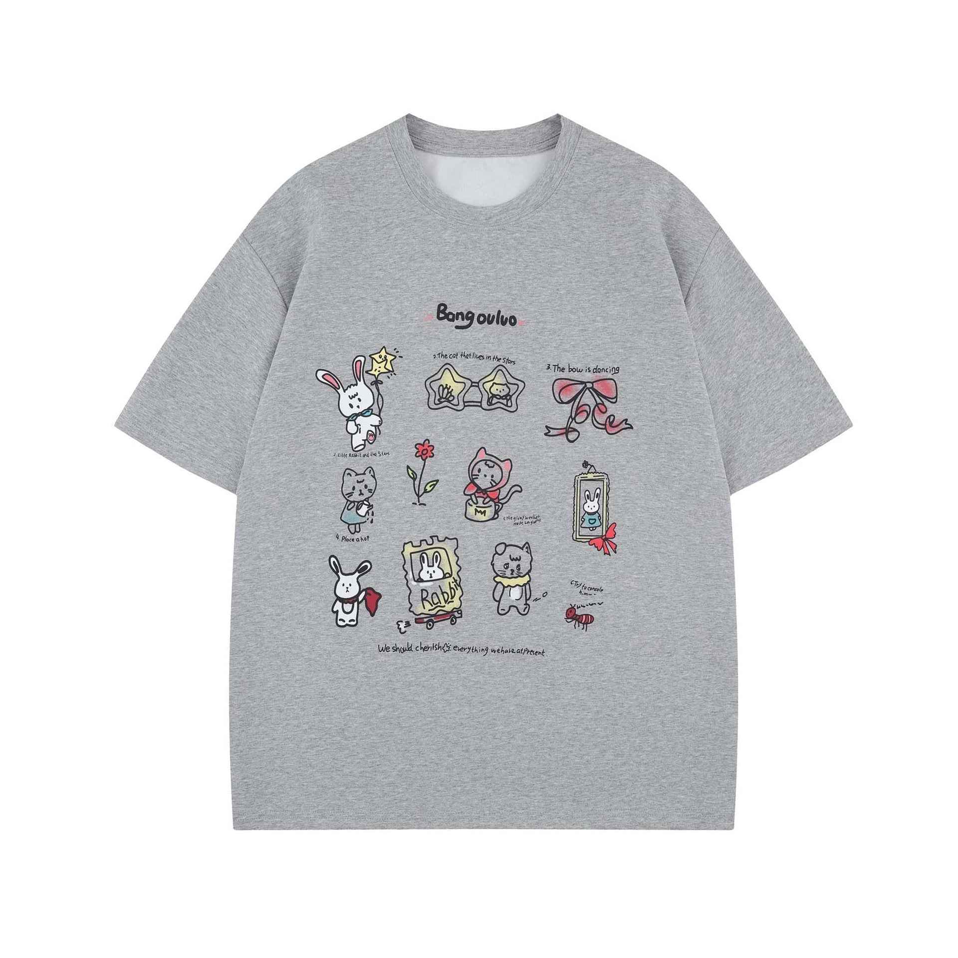 Street Style Fun Animal Letter Print Short Sleeve T-Shirt Unisex Loose Casual Three-Quarter Sleeve
