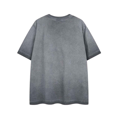 High Street Style Water-Washed Faded Animal Letter Print Short Sleeve T-Shirt Unisex Loose Casual Top