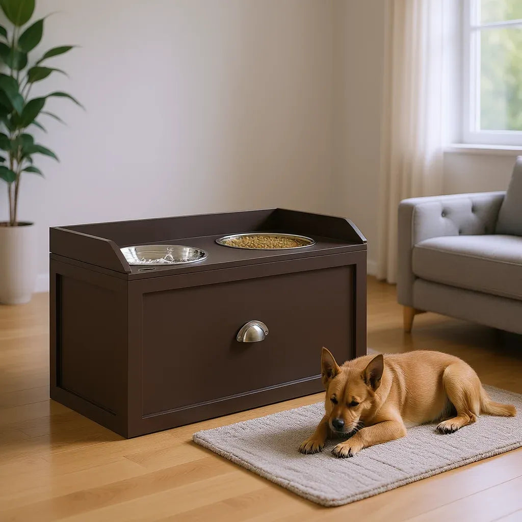 Elevated Dog Feeding Station with Storage Cabinet – 2 Stainless Steel Bowls