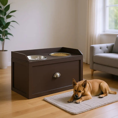 Elevated Dog Feeding Station with Storage Cabinet – 2 Stainless Steel Bowls