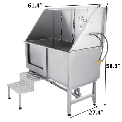 SucceBuy 62In Dog Grooming Tub Professional Stainless Steel Pet Dog Bath Tub With Steps Faucet & Accessories Dog Washing Station