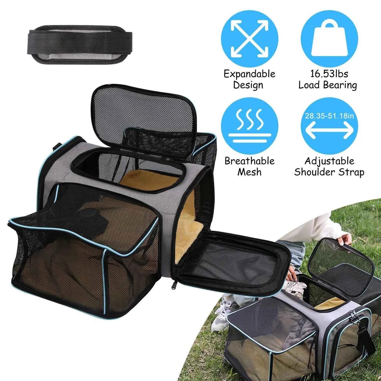 DB Medium-Size Expandable Zipper Eco-Friendly Pet Carrier Airline Approved Cat Dog Collapsible Soft Bag Removable Fleece Pad