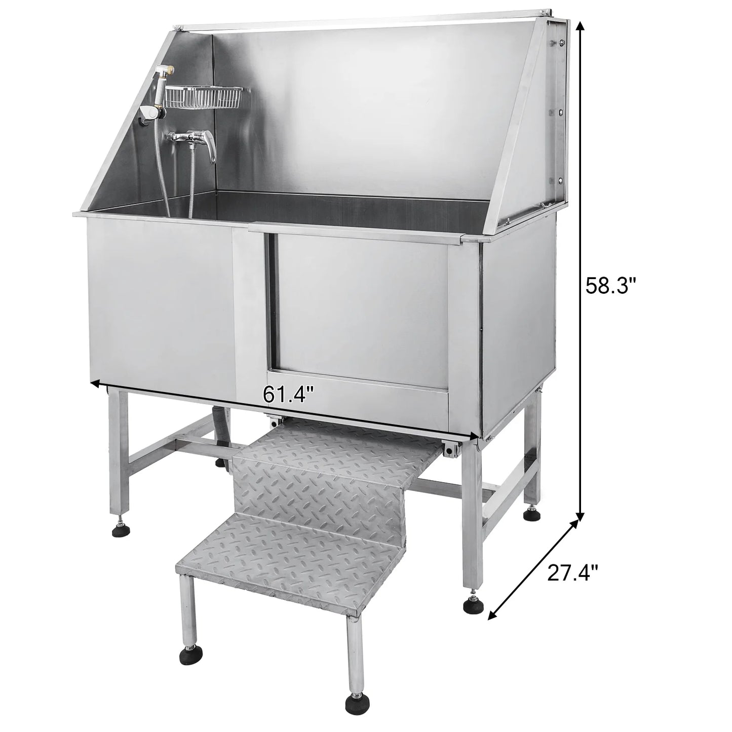 SucceBuy 62In Dog Grooming Tub Professional Stainless Steel Pet Dog Bath Tub With Steps Faucet & Accessories Dog Washing Station