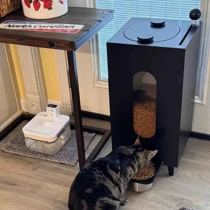 Elevated Wooden Cat Feeder Stand – Matte Black Raised Pet Bowl Holder