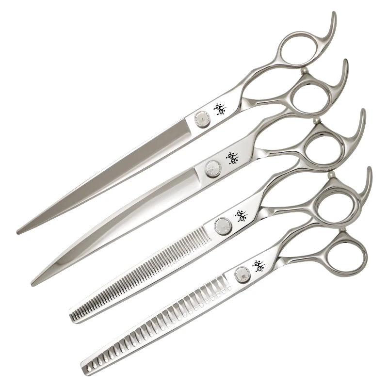 Yijiang Professional 7.5/8/9.0 Inch Pet Grooming Scissors Set of 4 Straight Curved Thinner Chunker Blender Scissors Set