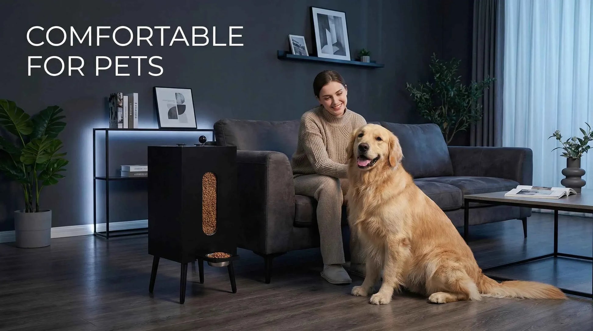 Elevated Wooden Cat Feeder Stand – Matte Black Raised Pet Bowl Holder