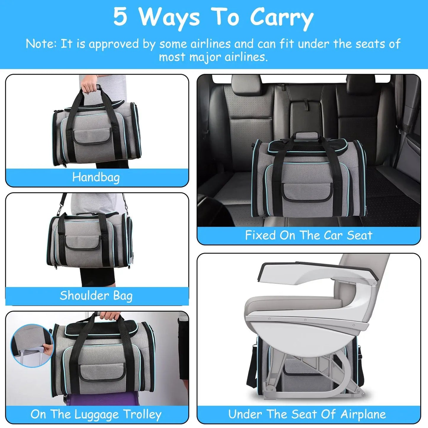 DB Medium-Size Expandable Zipper Eco-Friendly Pet Carrier Airline Approved Cat Dog Collapsible Soft Bag Removable Fleece Pad