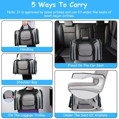 DB Medium-Size Expandable Zipper Eco-Friendly Pet Carrier Airline Approved Cat Dog Collapsible Soft Bag Removable Fleece Pad