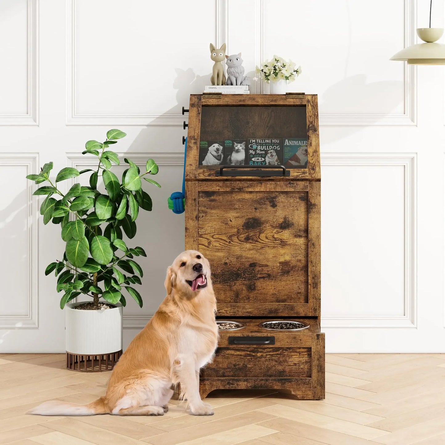 Large Dog Food Storage Cabinet with Hidden Feeding Station & Stainless Steel Bowls