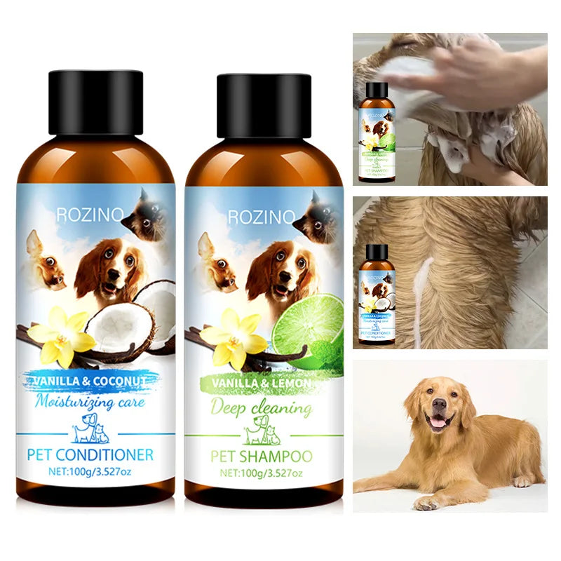 Pet Wash Care Set Shampoo 100ml+Conditioner 100ml Deodorizing Long Lasting Fragrance Cat Dog Shower Gel Pet Cleaning Products