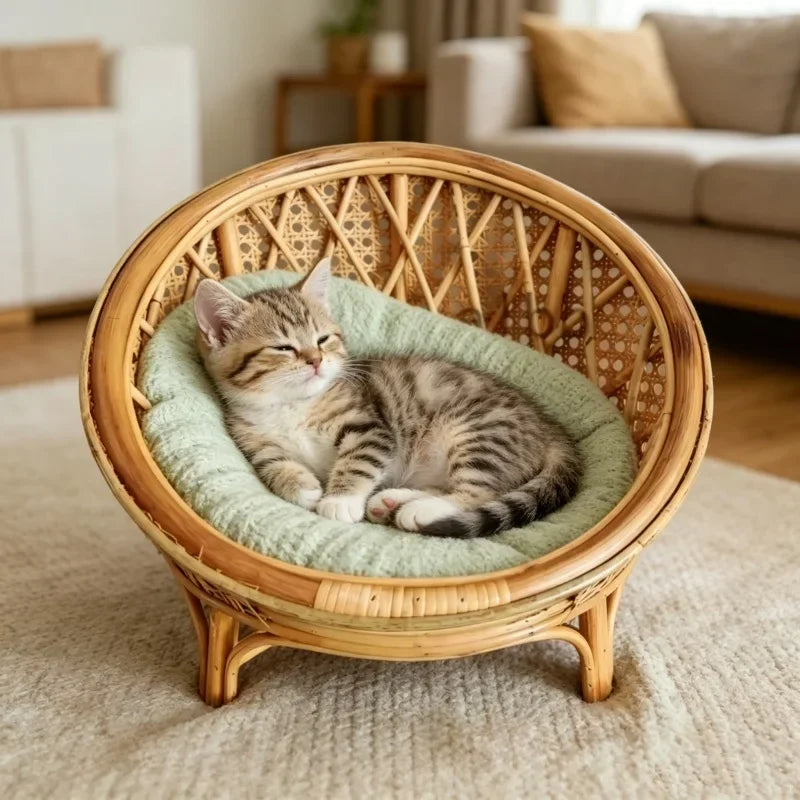 Natural Rattan Cat Bed Chair Handwoven Cat Photography Prop Breathable Wicker Cat Basket Elevated Round Cat Nest for Indoor Cats