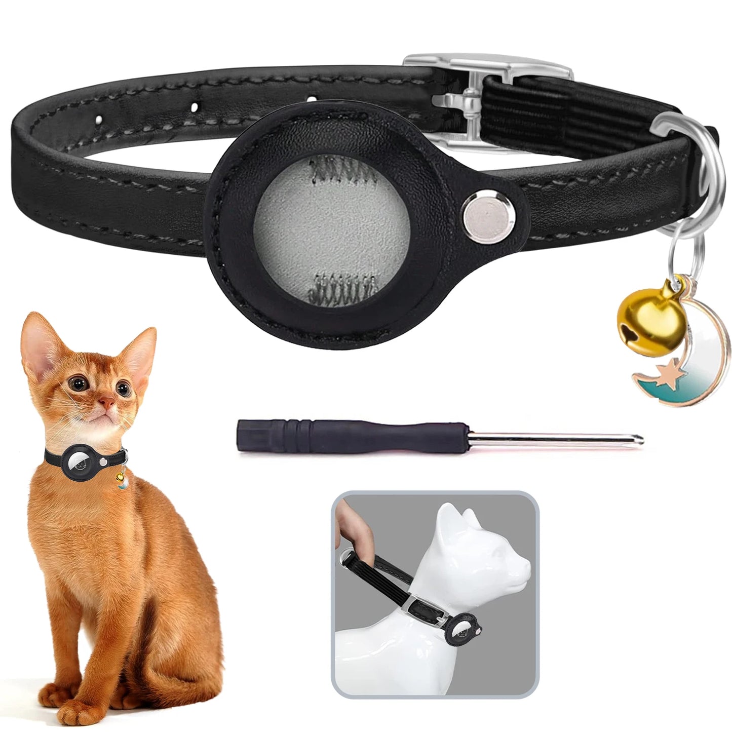 Leather AirTag Cat Collar with Bell -Elastic band Kitten Collar with Apple Air Tag Holder - Pet Collars forCats, Small Dogs