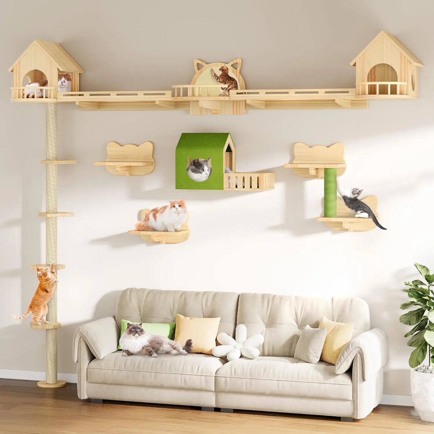 Solid Wood Cat Wall Shelves & Perches, Floor to Ceiling Cat Tower with Scratching Posts, Climbing Furniture for Large Cats