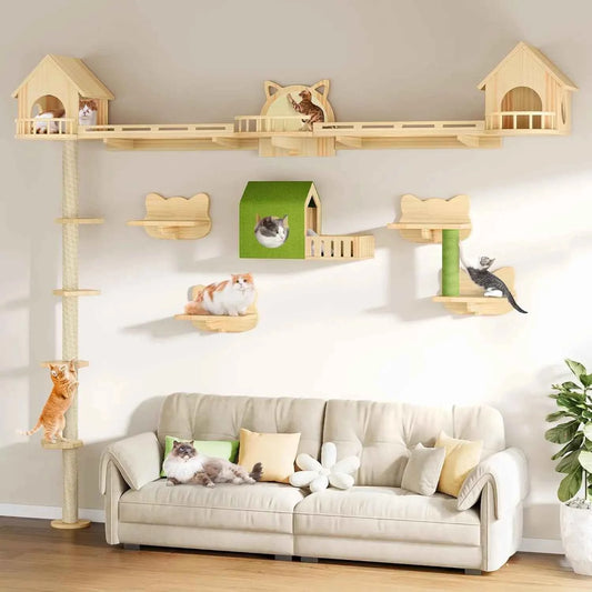 Solid Wood Cat Wall Shelves & Perches, Floor to Ceiling Cat Tower with Scratching Posts, Climbing Furniture for Large Cats