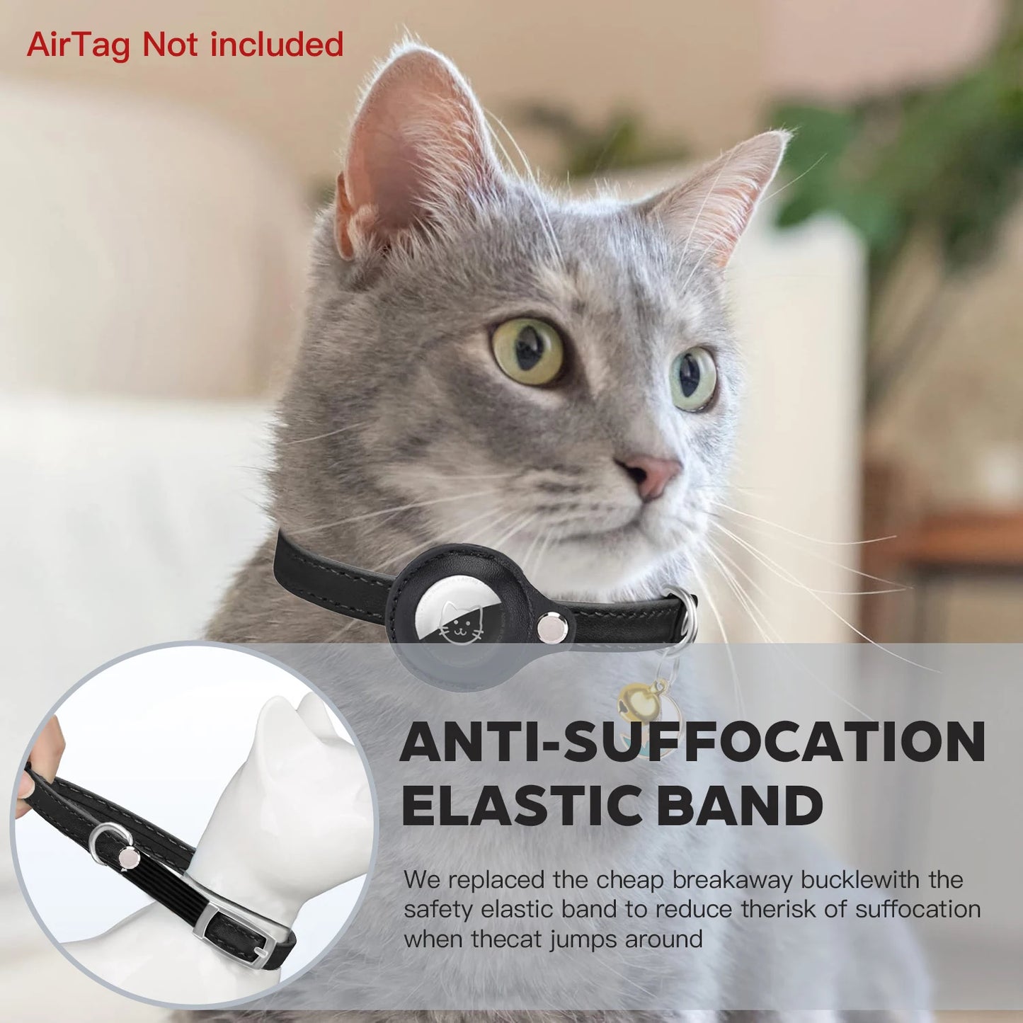 Leather AirTag Cat Collar with Bell -Elastic band Kitten Collar with Apple Air Tag Holder - Pet Collars forCats, Small Dogs