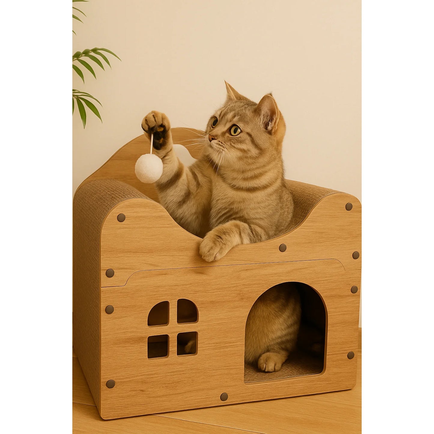 Spacious Cat House for Indoor & Outdoor Use - Multi-Feature Condo with Dual Scratching Boards, Plush Balls, and Ventilation Door