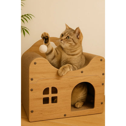 Spacious Cat House for Indoor & Outdoor Use - Multi-Feature Condo with Dual Scratching Boards, Plush Balls, and Ventilation Door
