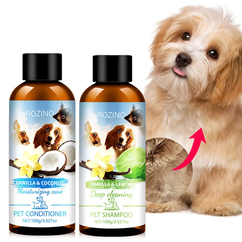 Pet Wash Care Set Shampoo 100ml+Conditioner 100ml Deodorizing Long Lasting Fragrance Cat Dog Shower Gel Pet Cleaning Products