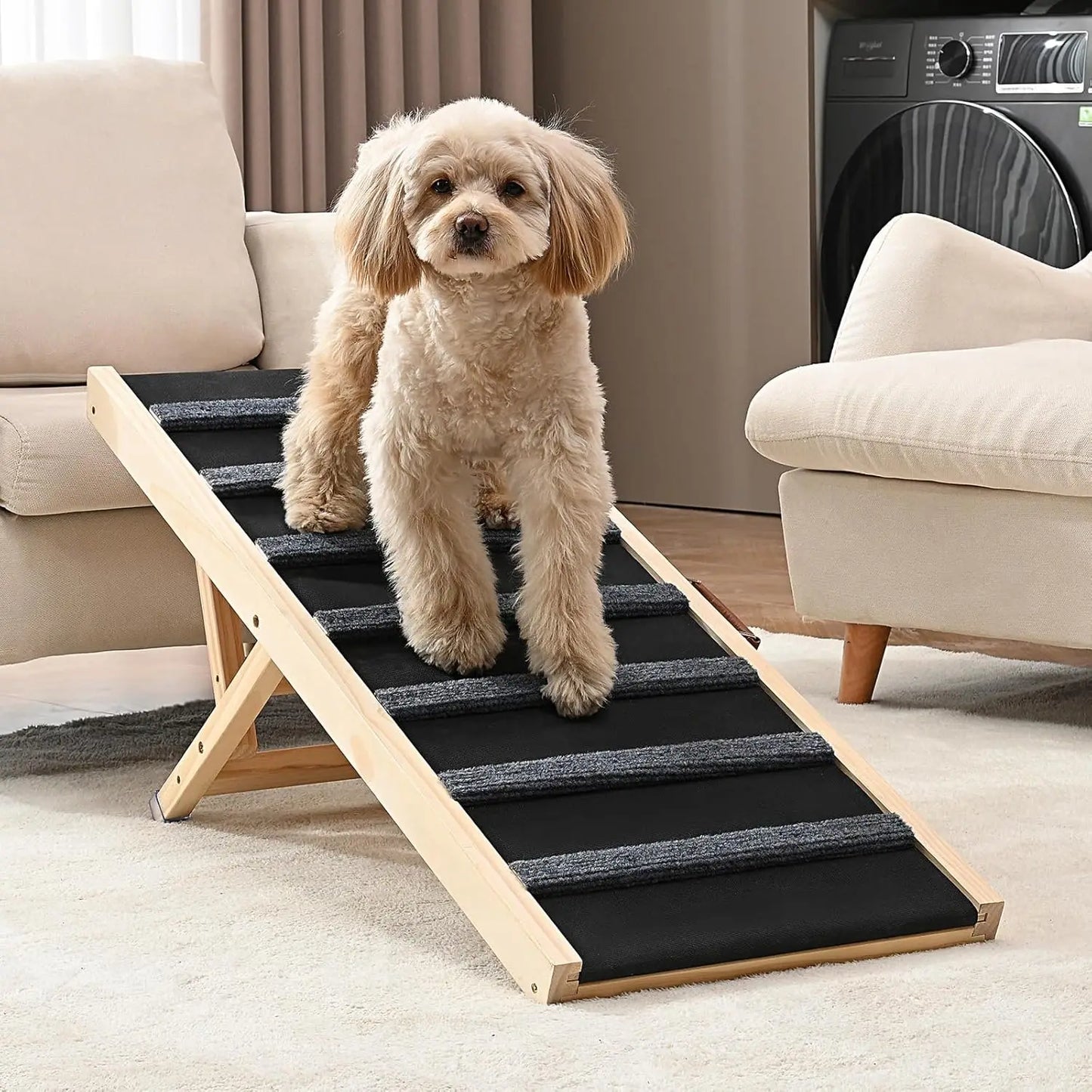 Dog Ramp, Folding Pet Ramp for Bed, Adjustable Dog Ramp for Small, Large, Old Dogs & Cats, Wooden Pet Ramp with 39.3" Long Ramp,