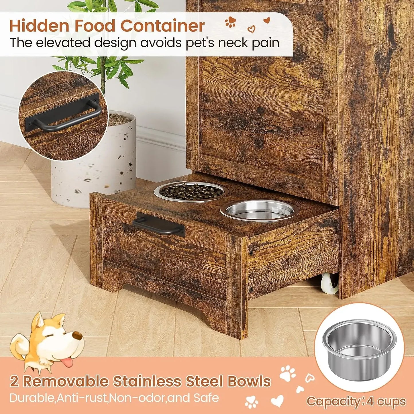 Large Dog Food Storage Cabinet with Hidden Feeding Station & Stainless Steel Bowls