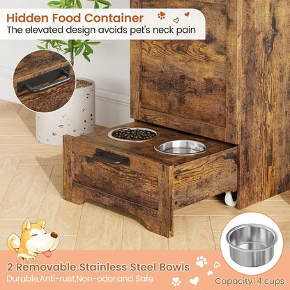 Large Dog Food Storage Cabinet with Hidden Feeding Station & Stainless Steel Bowls