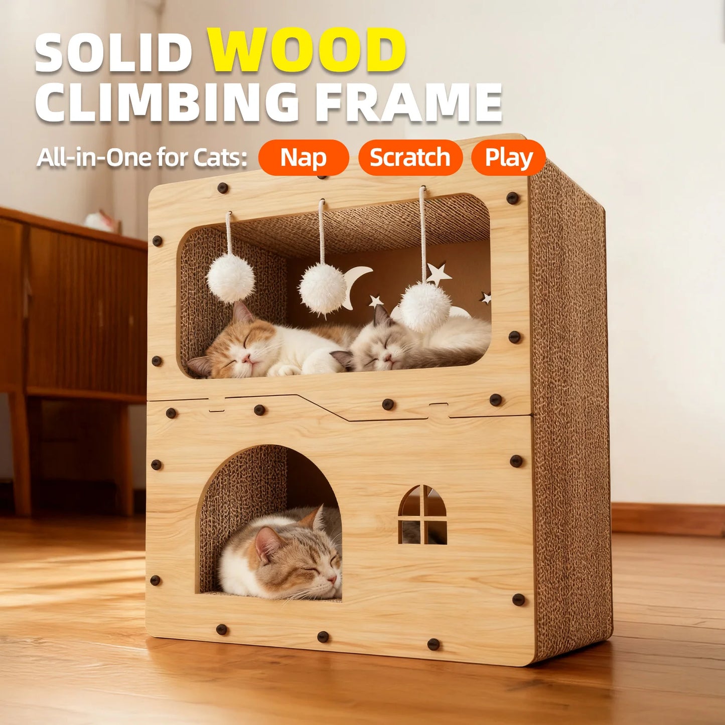 Spacious Cat House for Indoor & Outdoor Use - Multi-Feature Condo with Dual Scratching Boards, Plush Balls, and Ventilation Door
