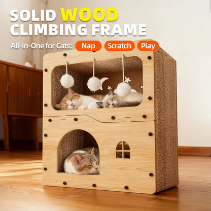 Spacious Cat House for Indoor & Outdoor Use - Multi-Feature Condo with Dual Scratching Boards, Plush Balls, and Ventilation Door